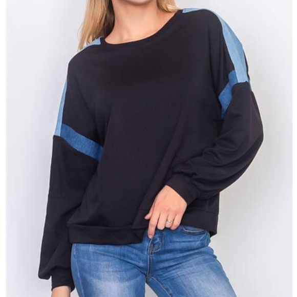 DENIM STRIPE CONTRAST BLACK TOP - Picture 3 of 6